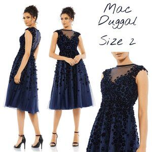 Mac Duggal Floral Embellished Illusion Midnight Midi Cocktail Dress Size 2 NEW!
